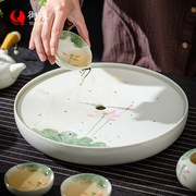 御泉手绘陶瓷茶盘圆形储水式家用功夫茶具小型干泡茶台茶海办公室