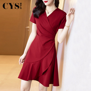 2024夏季红色V领连衣裙高级感法式复古气质名媛女神范红裙子