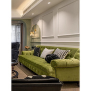法式乡村小户型客厅美式复古拉扣酒店，设计师绿色布艺丝绒三人沙发