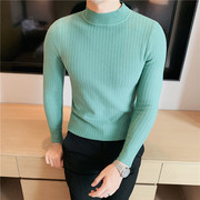 男士半高领毛衣休闲秋冬条纹加厚修身高级感中领嫩绿色针织打底衫