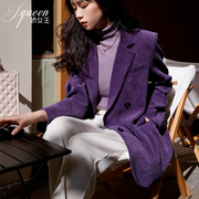 紫色灯芯绒西装外套女春季2024复古休闲高级感夹棉条绒小西服