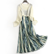 绿色印花显瘦吊带裙鱼尾，裙镂空罩衫套装，裙气质感时髦女连衣裙m349