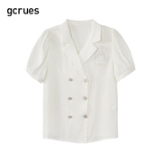gcrues高级感小众双排扣西装，领衬衫女装夏季白色短袖气质上衣
