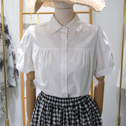 减龄复古法式少女彼得潘领纯色衬衫泡泡袖短袖夏季娃娃简约单排白