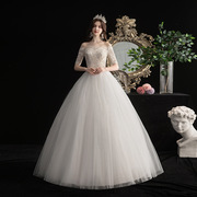 时尚婚纱礼服2021韩式香槟，蕾丝中袖显瘦新娘结婚秋春款