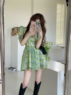 微胖韩系小清新绿色碎花雪纺，连衣裙女夏季高腰，纯欲性感显瘦短裙子