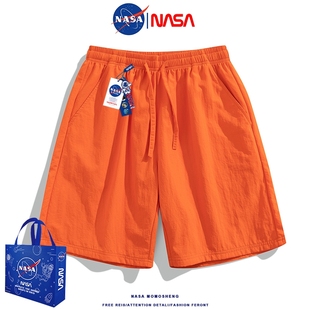 NASA夏季运动橙色冰丝短裤男宽松潮流速干沙滩裤男士情侣五分裤子