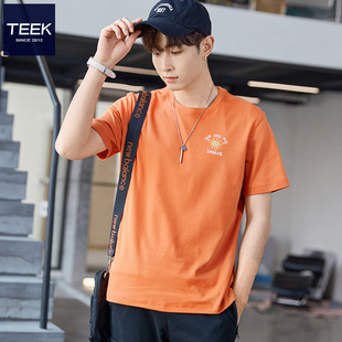 teek2024橘黄色t恤短袖男夏季重磅，青少年帅气橙色，夏天上(夏天上)衣服