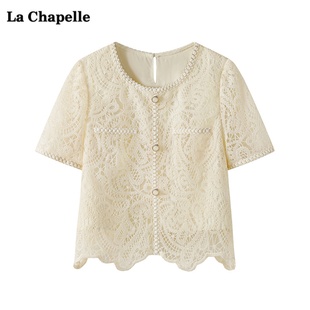 拉夏贝尔lachapelle小香风，短袖衬衫女夏季甜美名媛蕾丝衫上衣