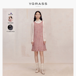 vgrass编制含羊毛，无袖背心连衣裙冬名媛气质，小香风裙装