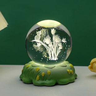 创意水晶球小摆件郁金香玫瑰康乃馨花朵装饰品小夜灯送人生日礼物