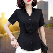 黑色雪纺衬衫女短袖2024夏装，收腰显瘦衬衣气质，通勤职业装工作上衣