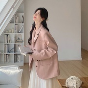 Cherrykoko2024春季纯色宽松西装外套女简约纯色粉色韩版外套