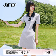 jamor运动连衣裙夏季黑撞色裙子女甜酷链条polo衫连衣裙