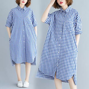 2023夏季韩版大码宽松蓝白格子，衬衫裙中长款显瘦开叉连衣裙女