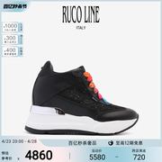 Ruco Line如卡莱奢华黑色蕾丝网面透气内增高休闲鞋女牛皮厚底鞋