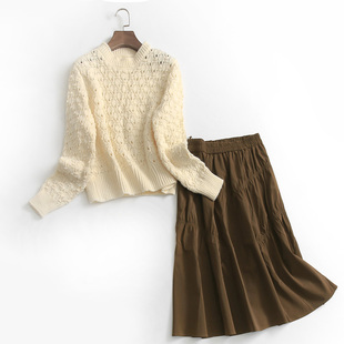 d563纯色镂空编织宽松圆领套头针织衫冬季减龄长袖，女线衫毛衣