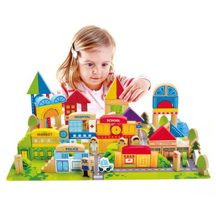 hape儿童拼搭木质积木125块城市，情景大颗粒大块木制益智玩具1-6岁