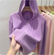 拉链连帽紫色毛衣开衫女春季2024设计感小众上衣针织衫外套
