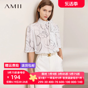 Amii2022夏季雪纺衫女洋气时尚印花飘带短袖衬衫花瓣袖上衣