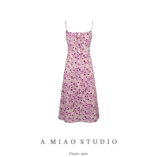 法式高级芋紫色植物印花吊带裙夏碎花抹胸度假连衣裙气质茶歇长裙