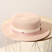 夏季草帽女粉色条纹平沿礼帽平顶小沿女遮阳帽出游逛街百搭短檐帽