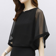 雪纺衫女短袖2023夏季韩版宽松洋气黑色时尚网纱半袖显瘦上衣