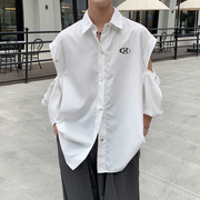 小众短袖衬衫男夏季装美式潮流复古设计感可拆卸翻领简约拼接衬衣