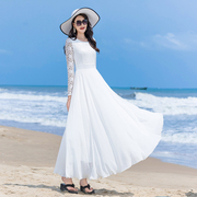 白色蕾丝连衣裙女仙，2024雪纺飘逸长袖气质，收腰长裙大摆沙滩裙