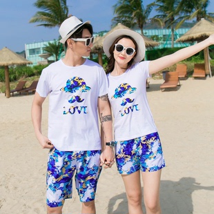 沙滩情侣装夏装2024三亚海边旅游穿搭巴厘岛大码短袖蜜月套装