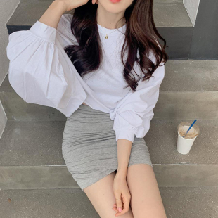 韩国东大门女装2021春季新复古慵懒风纯棉短款蝙蝠袖休闲宽松T恤