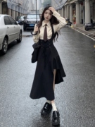 日系学院风吊带连衣裙女学生，韩版宽松中长款不规则背带裙子两件套