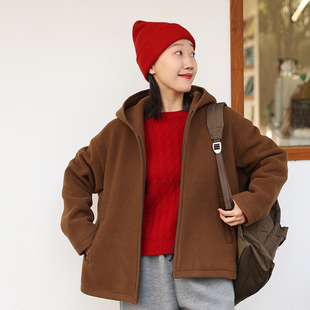 滋原创冬季澳洲羊毛连帽外套，短款咖啡色休闲通勤加厚毛呢大衣念安