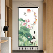 新中式荷花九鱼图挂布背景布客厅玄关入户走廊装饰布艺挂画挂毯