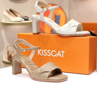 kisscat接吻猫2024夏款粗跟羊皮高跟米色鱼嘴女鞋凉鞋ka54315-10