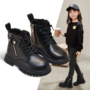 女童马丁靴2024年秋冬季黑色，加绒短靴儿童潮酷靴子女孩皮靴潮