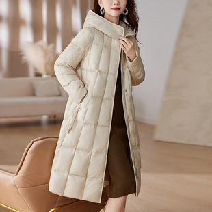 欧根纱和蕾丝双层组合白鹅绒(白鹅绒)羽绒服，女中长款直版设计显瘦保暖外套