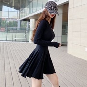 韩国东大门2024春装修身显瘦收腰长袖连衣裙女荷叶边性感短裙