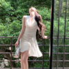 FairyJiang夏季气质荡领缎面白色连衣裙短款不规则高级仙女裙