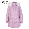 VJC/威杰思秋冬女装粉色羽绒服中长款毛领连帽保暖外套