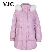 vjc威杰思秋冬女装，粉色羽绒服中长款毛领连帽保暖外套