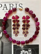 欧美宫廷中古vintage复古气质玛瑙天然石串珠短款项链琉璃耳环女