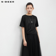sdeer圣迪奥夏装女装，圆领雪纺印花拼接黑色t恤s23260102
