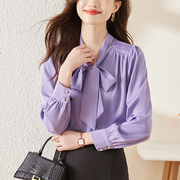 紫色职业雪纺衬衫女长袖蝴蝶结飘带法式上衣洋气时尚高端打底衬衣