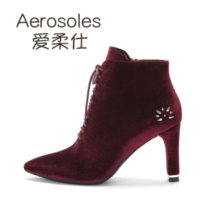 Aerosoles/爱柔仕秋冬天鹅绒系带尖头高跟罗马女鞋短靴子5102