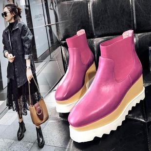 香港2023秋季真皮小短靴，女防水台坡跟，松糕厚底马丁靴大码女靴