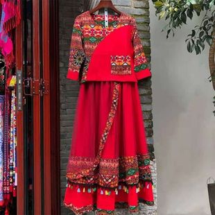 中国风女装春秋丽江云南服装，女民族风棉麻两件套红色舞蹈套装裙子