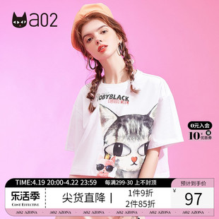 a02夏季短款猫咪印花甜美圆领T恤女时尚宽松潮流设计感短袖上衣女