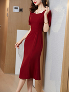 雪纺连衣裙夏季短袖修身气质红色礼服长裙宴会礼服显瘦鱼尾裙