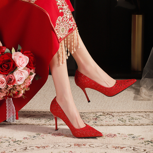红色婚鞋新娘鞋女细跟结婚高跟鞋时尚尖头性感礼服鞋大码气质单鞋
